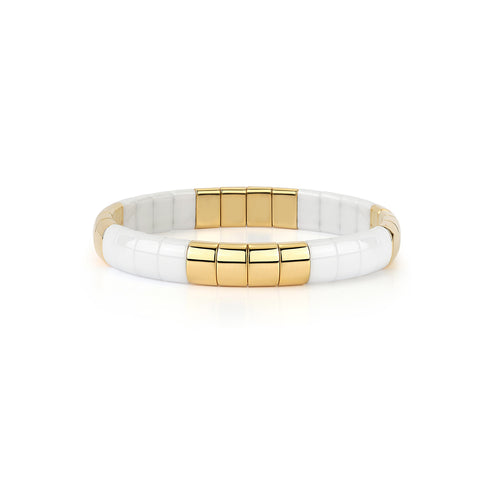 18K Yellow Gold Overlay and White Ceramic Wide Stretch Bracelet