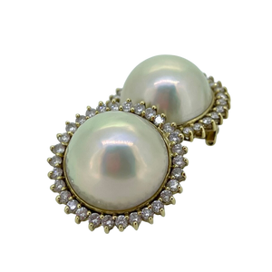 Estate 18k Yellow Gold Large Pearl Earring with Diamond Halo