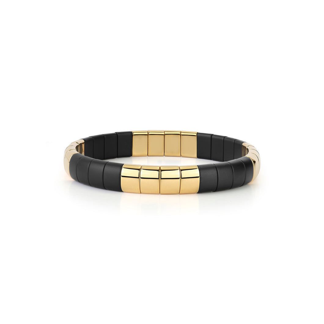 18K Yellow Gold Overlay and Matte Black Ceramic Wide Stretch Bracelet