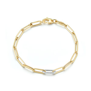 Paperclip Solid Gold Link Bracelet with 1 Diamond Pave Link