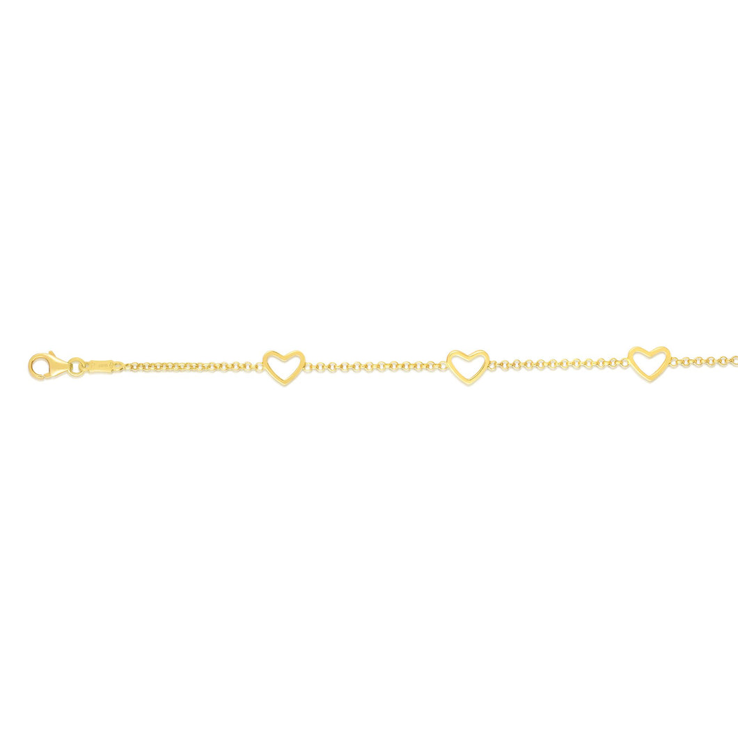 14kt Gold 6 inches Yellow Finish Element:6x5mm Shiny Fancy Stationed Heart Bracelet with Lobster Clasp
