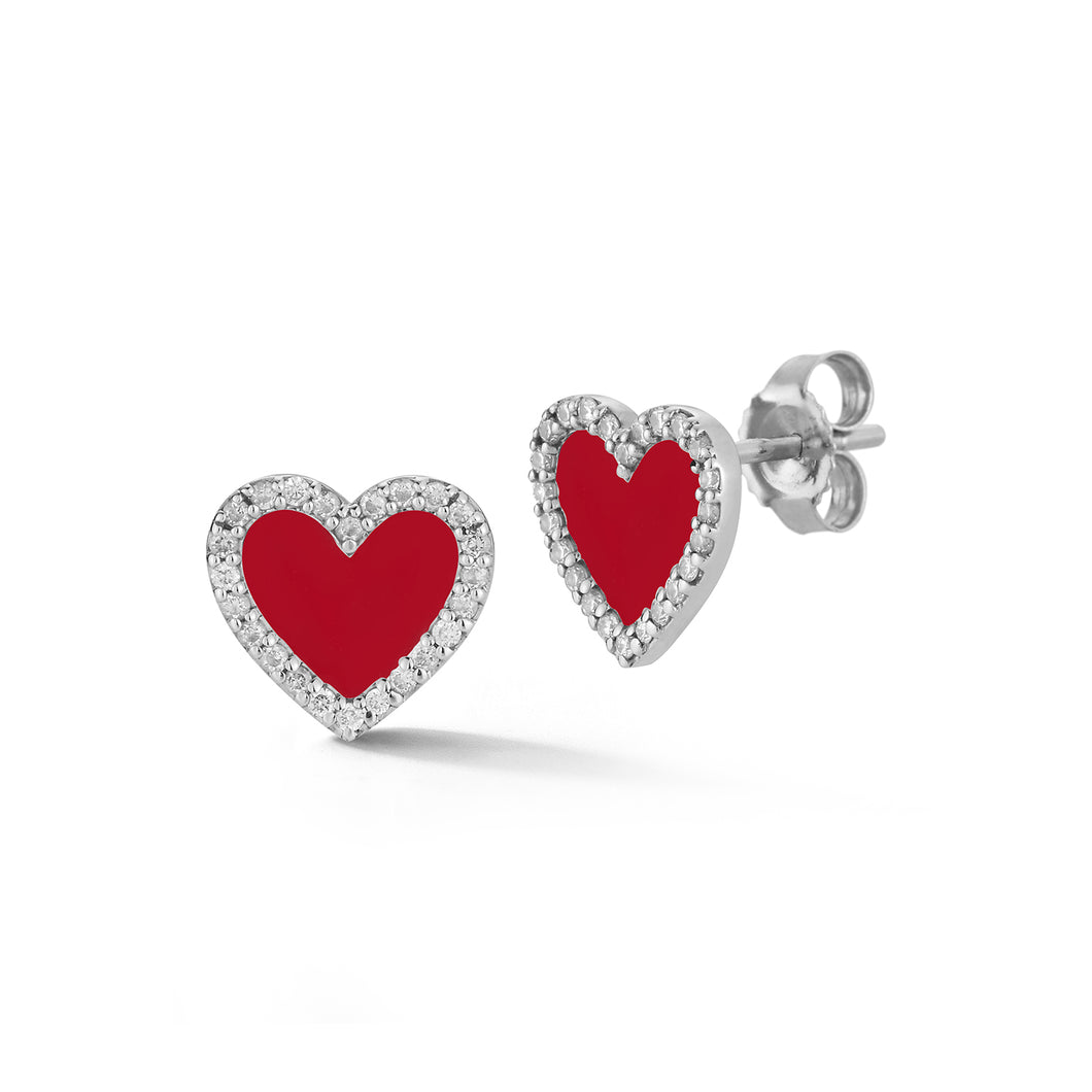 Red Enamel Heart Stud Earring with Diamond Border