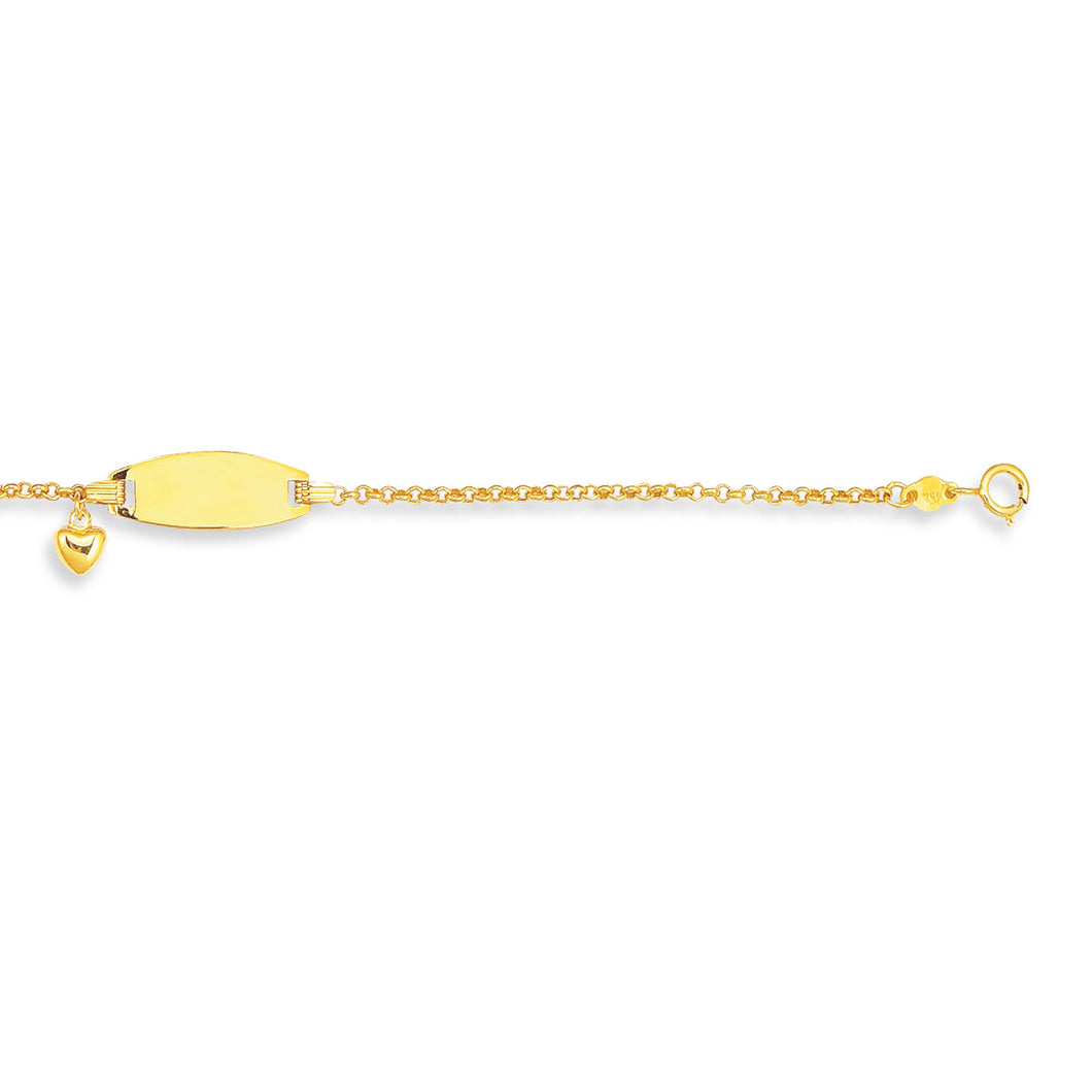 14kt 6 inches Yellow Gold Shiny Round Cable Link+1 Puffed Drop Heart ID Bracelet with Lobster Clasp