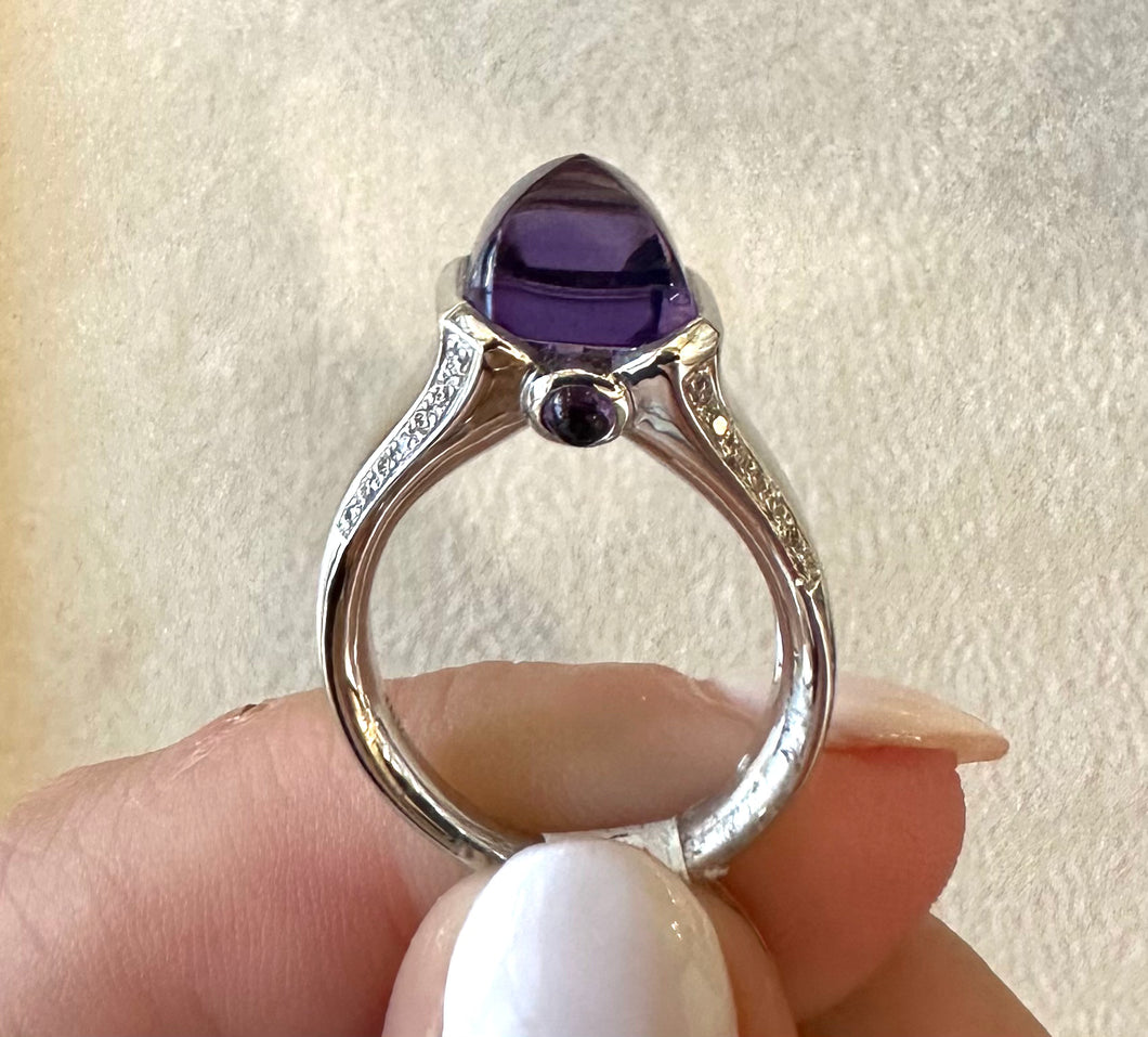 18k White Gold and Domed Amethyst Ring with Diamond Accents