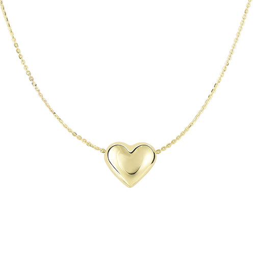 Sliding Puffed Heart with Diamond Cut Cable Chain Necklace with Spring Ring Clasp