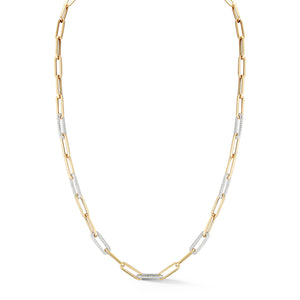 Paperclip Solid Gold Link Necklace with 7 Diamond Pave Links