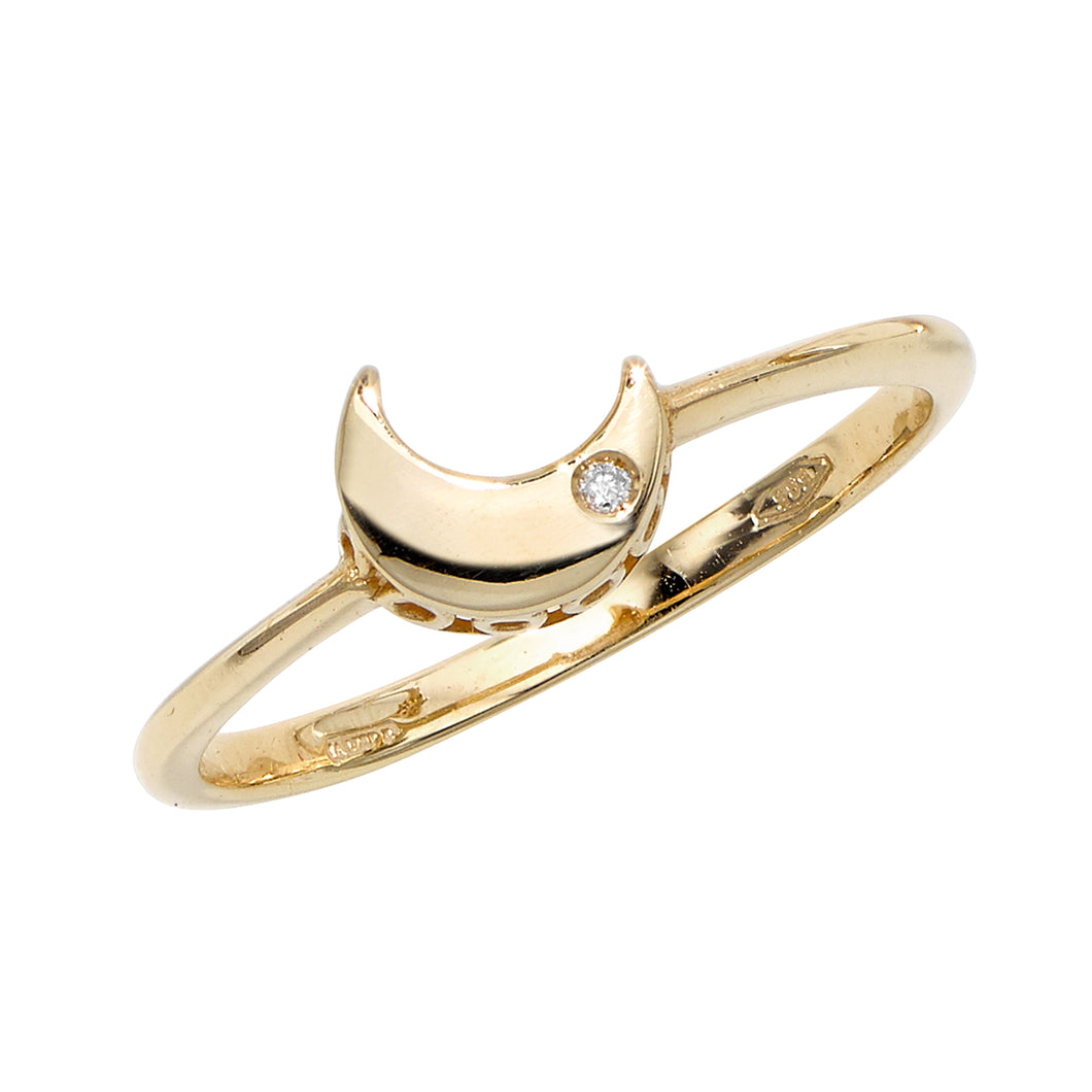 14kt Gold Polished Sideways Moon Ring with 1mm White Diamond