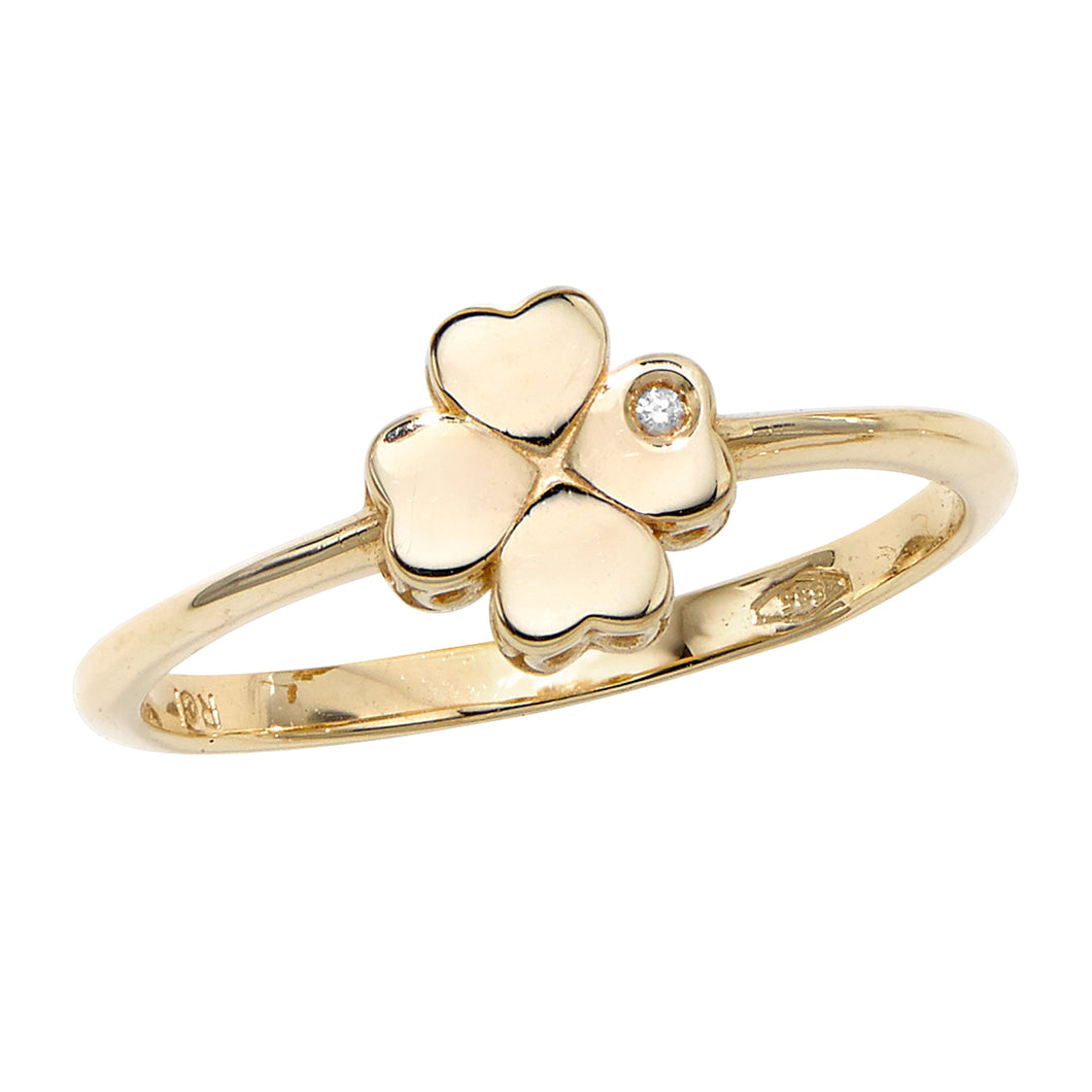 14kt Gold Polished 4 Leaf Clover Ring with 1mm White Diamond