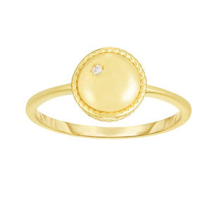 14kt Gold Size-7 Yellow Finish 8.7x8.7x0.8mm Polished Round Ring  with 0.0100ct 1.3mm White Diamond