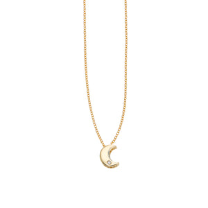 14kt Gold 18 inches Yellow Finish 7x5.8mm(CE),0.8mm(Ch) Polished 2 inches Extender Moon Necklace with Lobster Clasp with 0.0050ct 1mm White Diamond