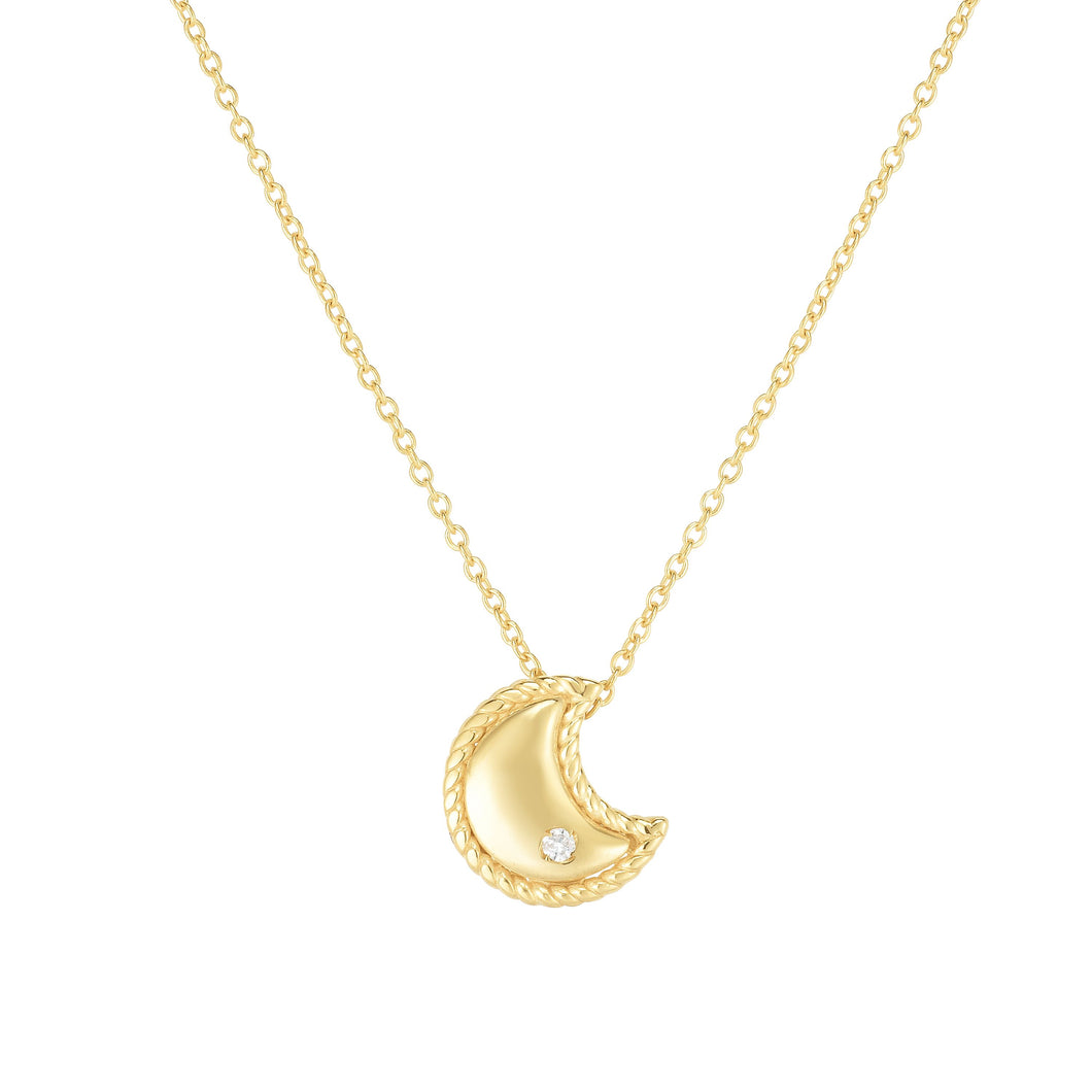 14kt Gold 18 inches Yellow Finish 9x8mm(CE),0.8mm(Ch) Polished 2 inches Extender Moon Necklace with Lobster Clasp with 0.0100ct 1.3mm White Diamond