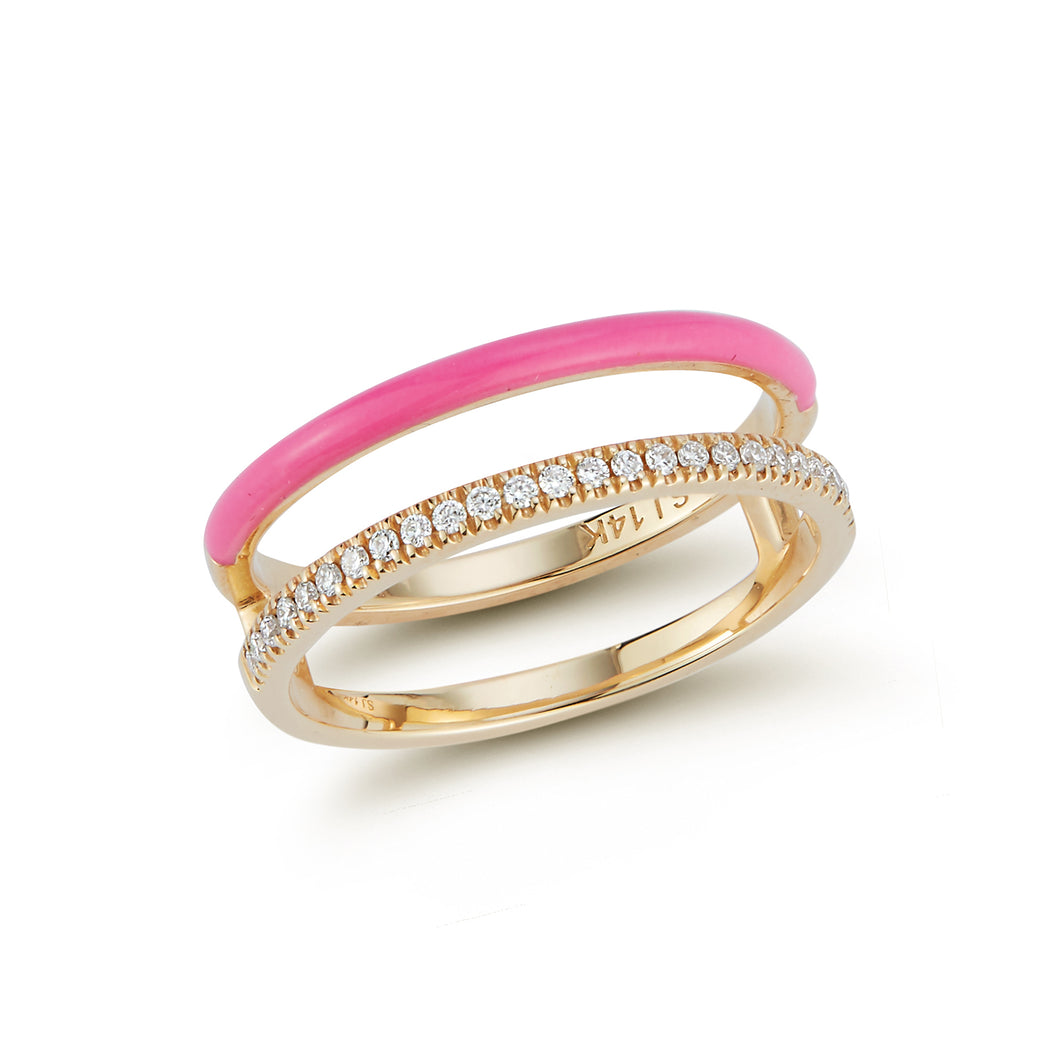Pink Enamel and Diamond Open Double Row Ring